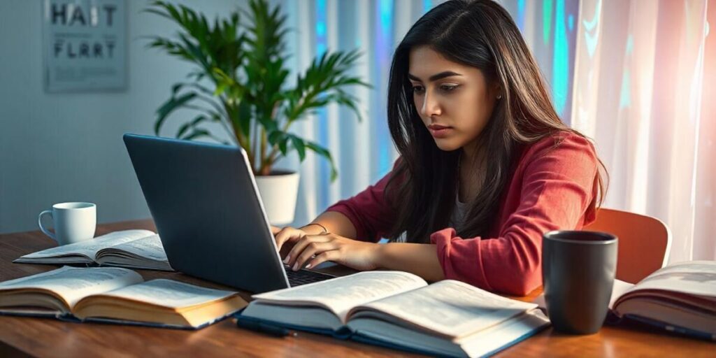 An image of a young woman typing on her laptop with books around her, symbolizing the process of learning how to use apostrophes.